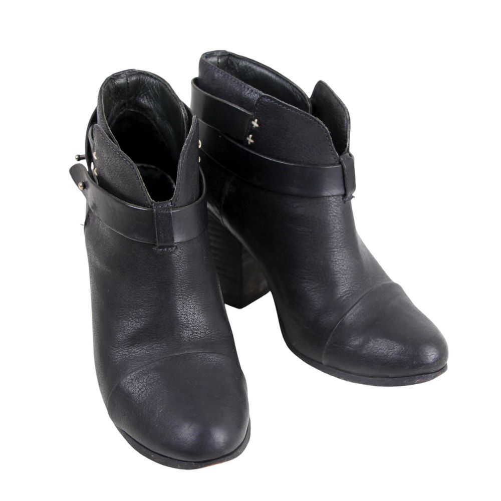 rag & bone NY BLACK GENUINE LEATHER HIGH HEEL ROUND TOE BELTED ANKLE BOOTS Sz 37 - Picture 6 of 9